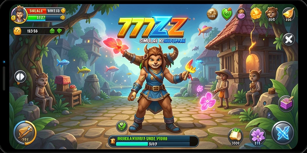 Tampilan gameplay dari 777ZX yang menggambarkan aktivitas simulasi kehidupan.