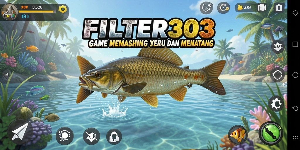 Screenshot gameplay FILTER303 menampilkan momen seru saat menangkap ikan.